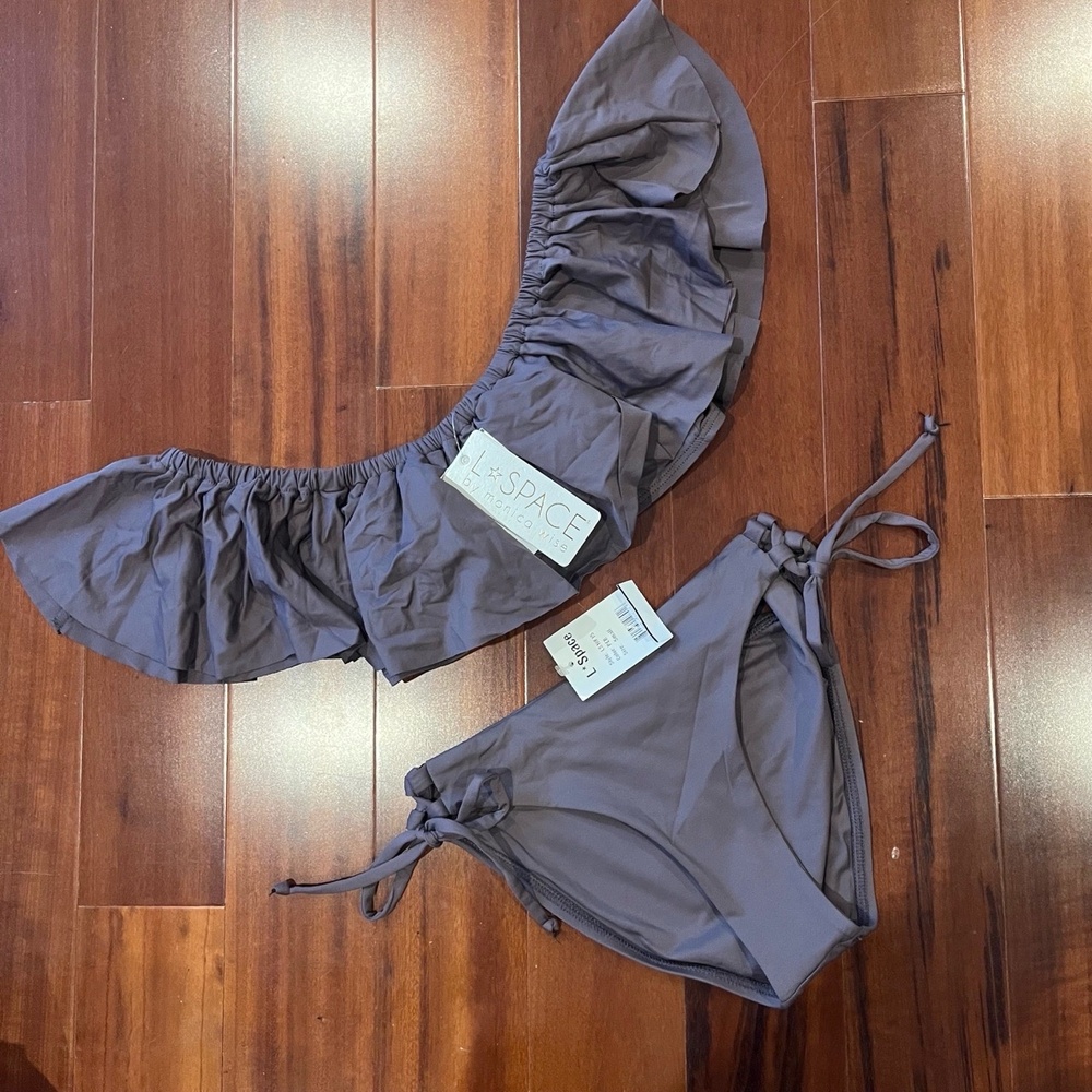New NWT LSpace Pebble Gray Bikini Swim Set Ruffle Off-Shoulder Tie Bottom Small